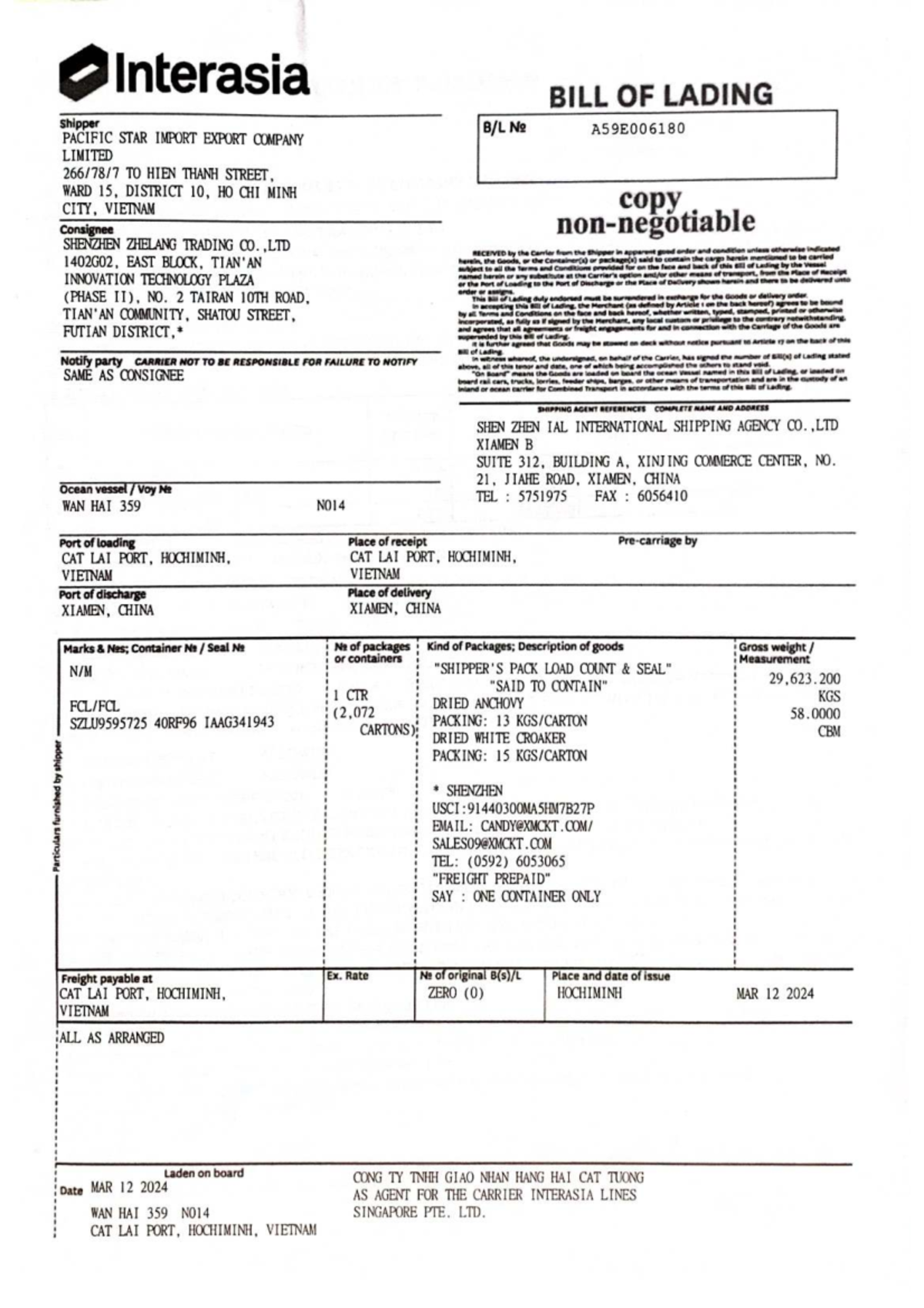Seafood Contract and Bill of Lading A59E006180 for Dried Fish - Studocu