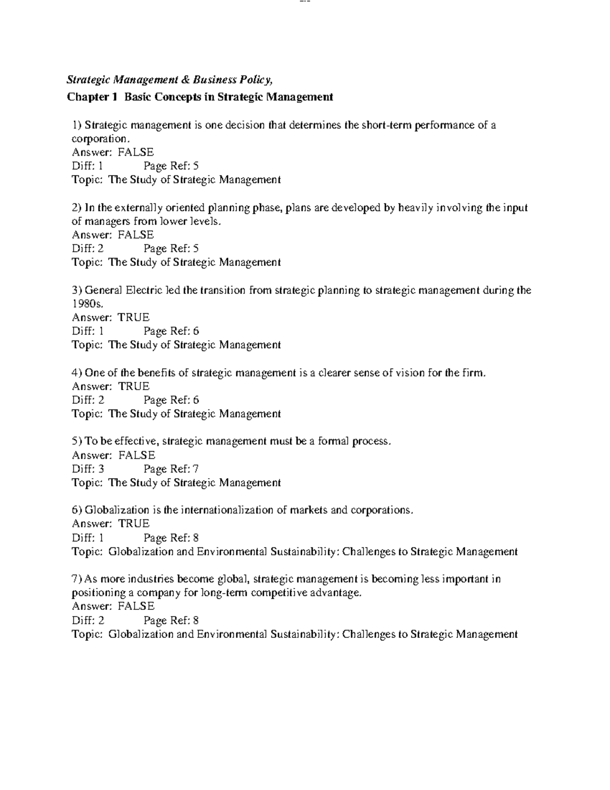 CHP.1 - Test Bank for Strategic Management: Key Concepts and Questions ...