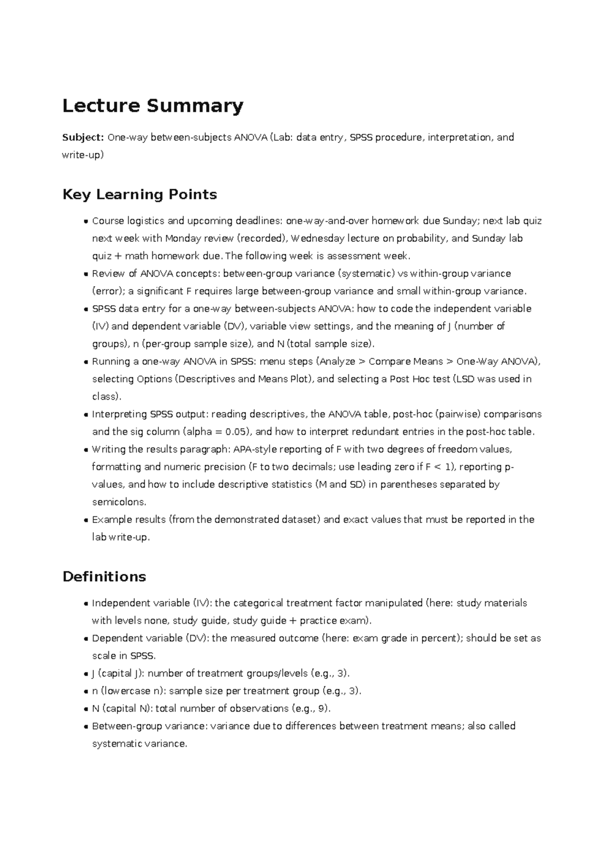 Lecture Summary: One-way ANOVA Concepts and SPSS Procedures - Studocu