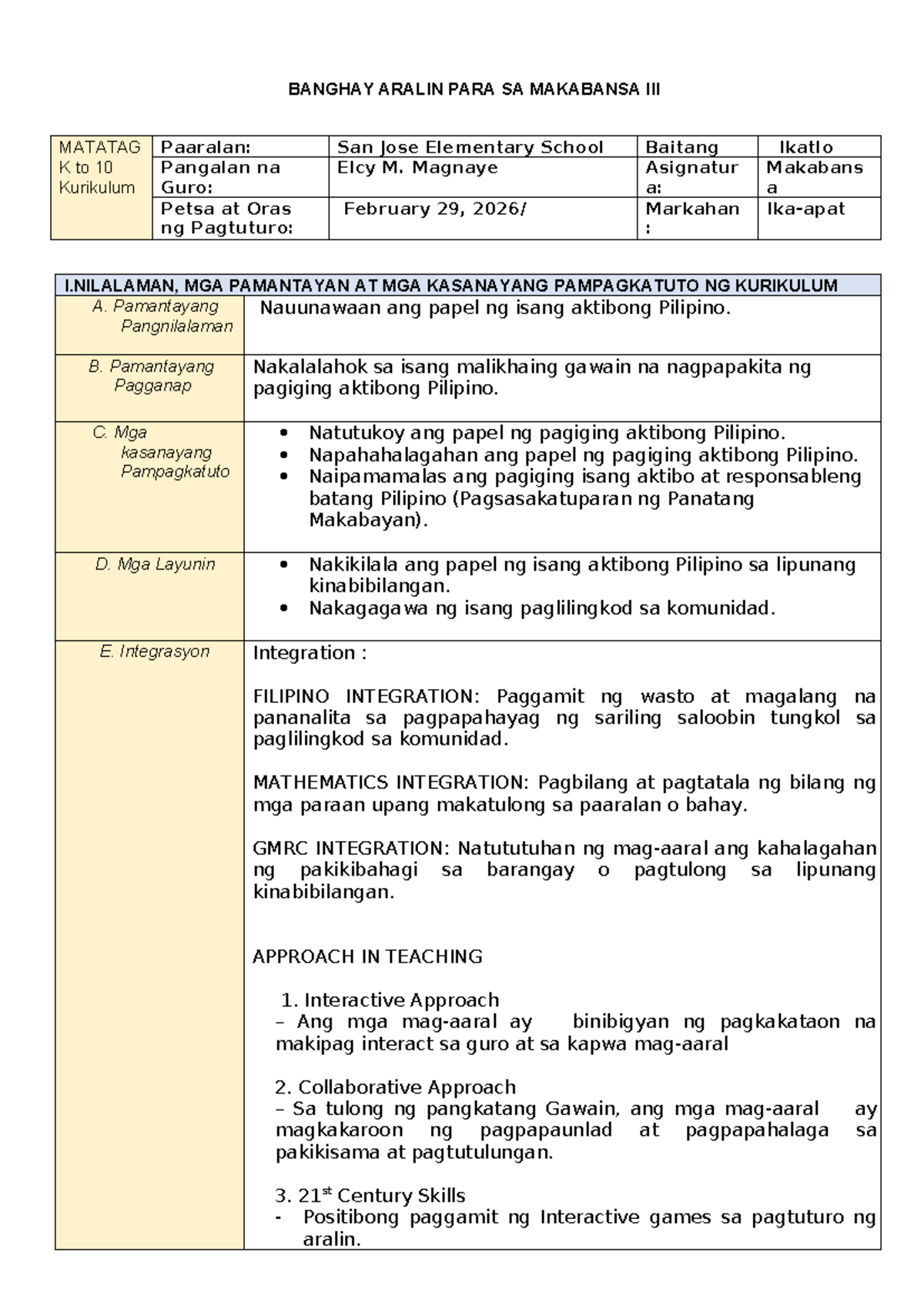 Makabansa Matatag K to 10 Lesson Plan for Grade 3 by Elcy M. Magnaye ...