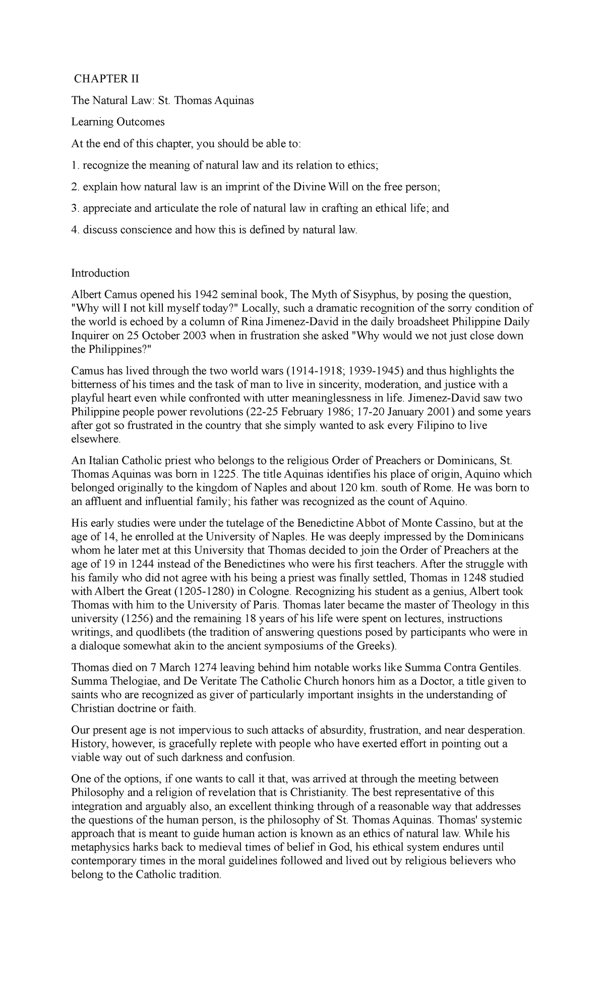 CHAPTER II: The Natural Law According to St. Thomas Aquinas - Ethics ...