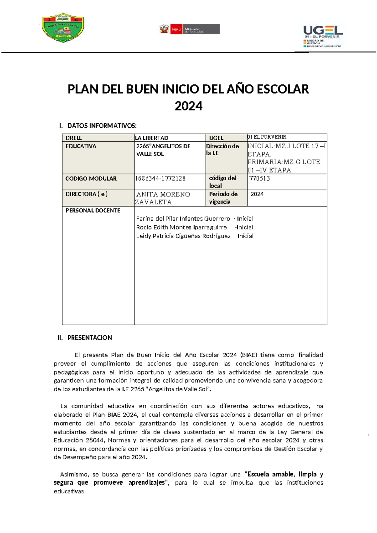 Plan de Buen Inicio del Año Escolar 2024 - I.E. "Angelitos de Valle Sol ...