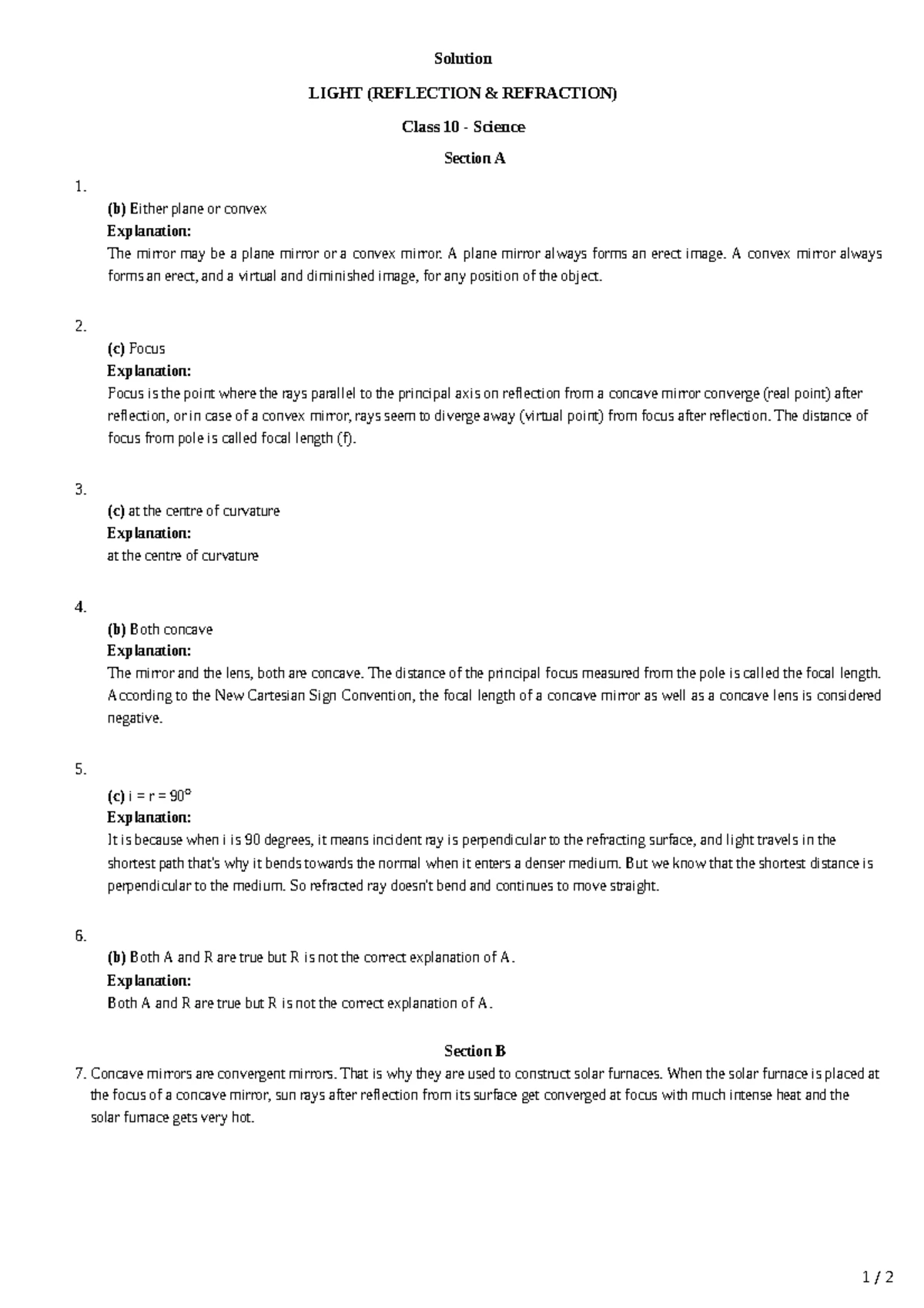 Light Reflection and Refraction Board Questions (Class 10 Science ...