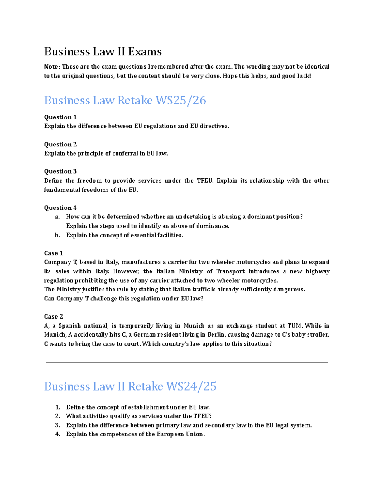 Business Law II Compiled Exam Questions (2025-2026) - Studocu