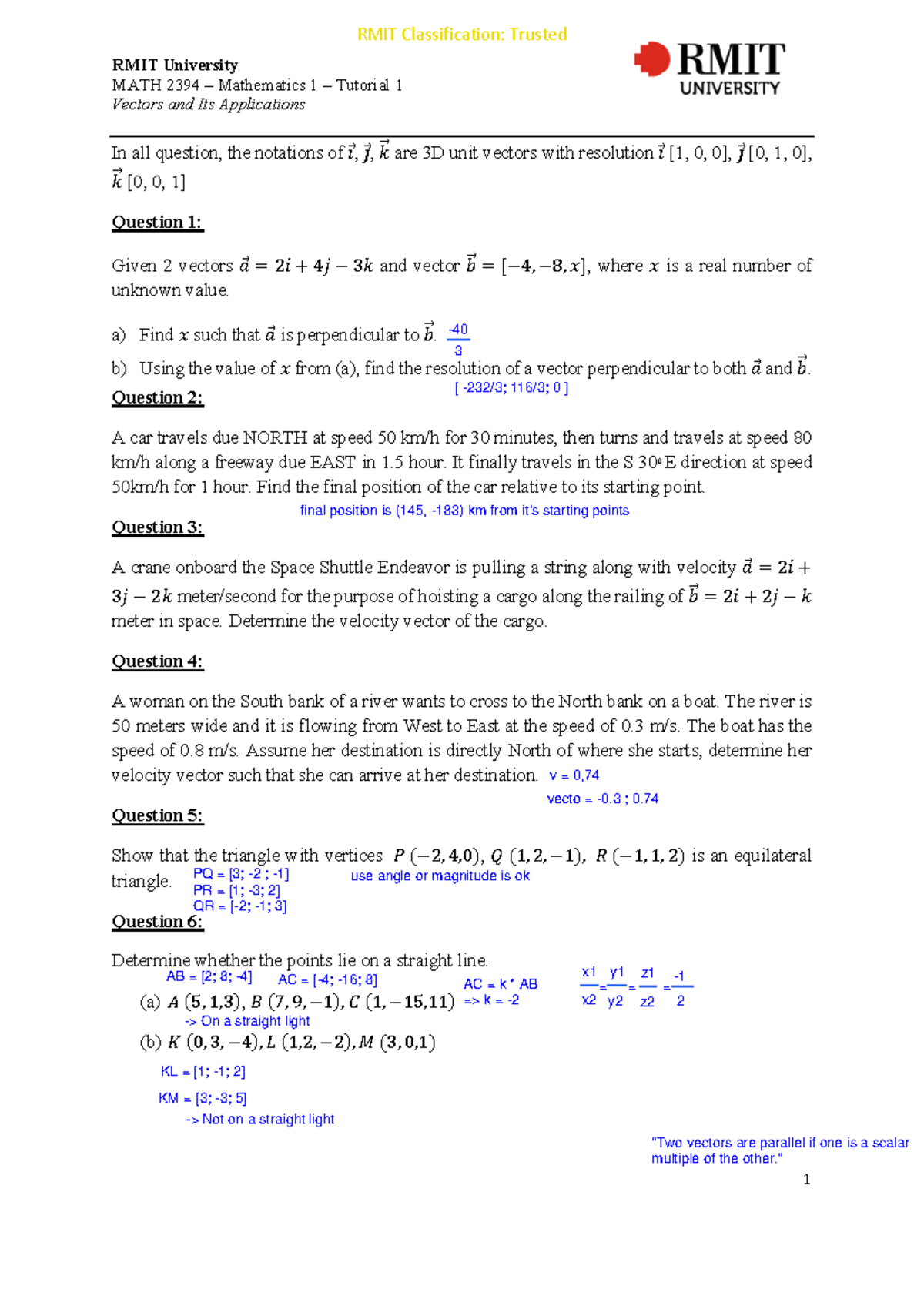 MATH 2394 - Tutorial 1: Vectors Intro & Arithmetic Problems - Studocu
