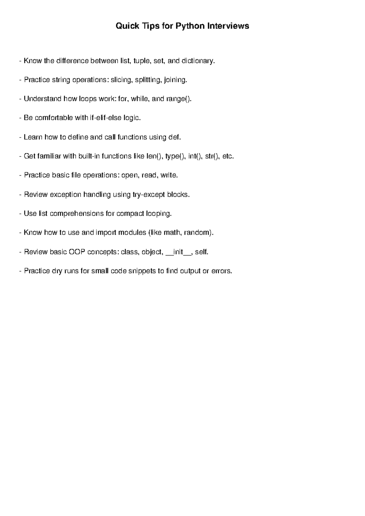 Python Interview Quick Tips - Quick Tips for Python Interviews Know the ...