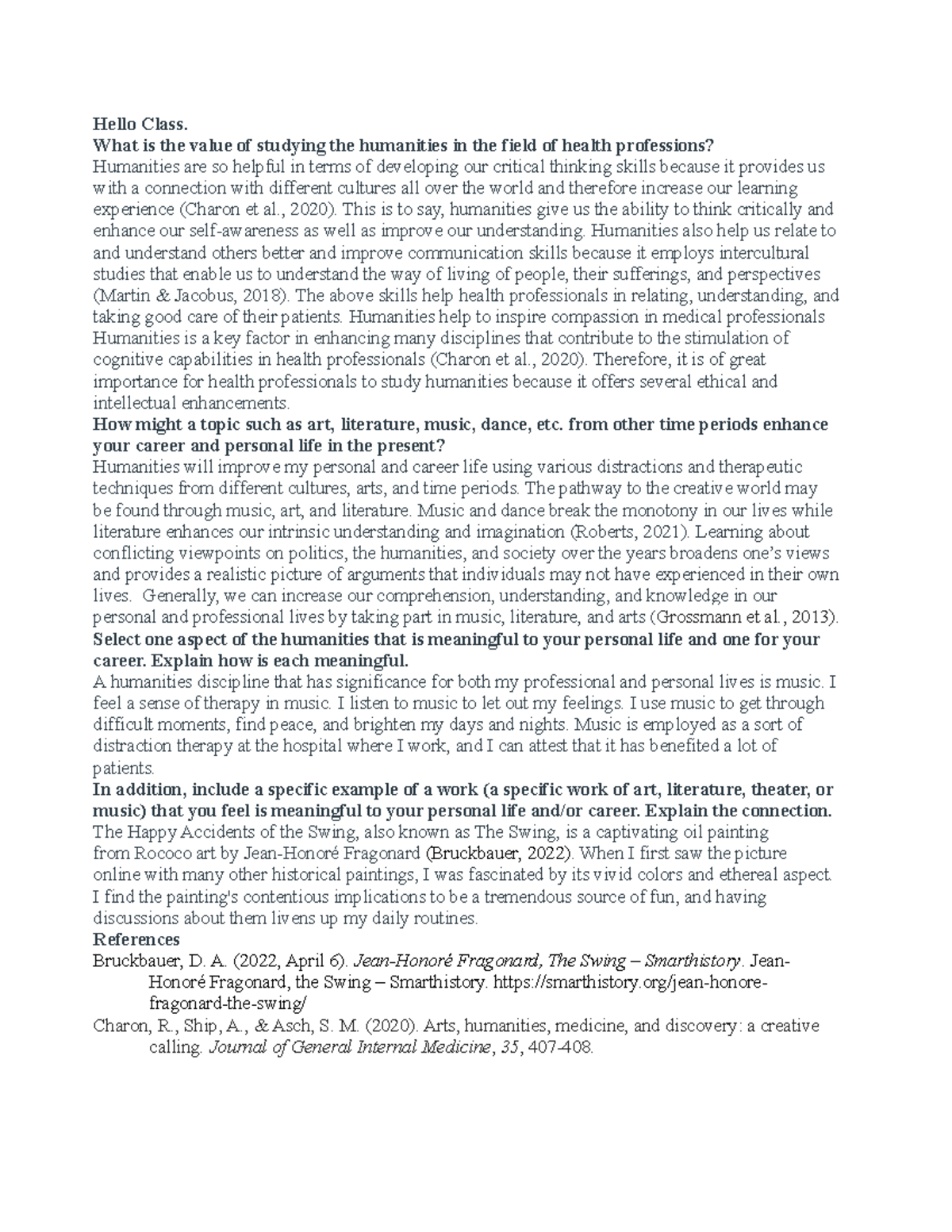 Week 1 Discussion: Significance of Humanities in Health Professions ...