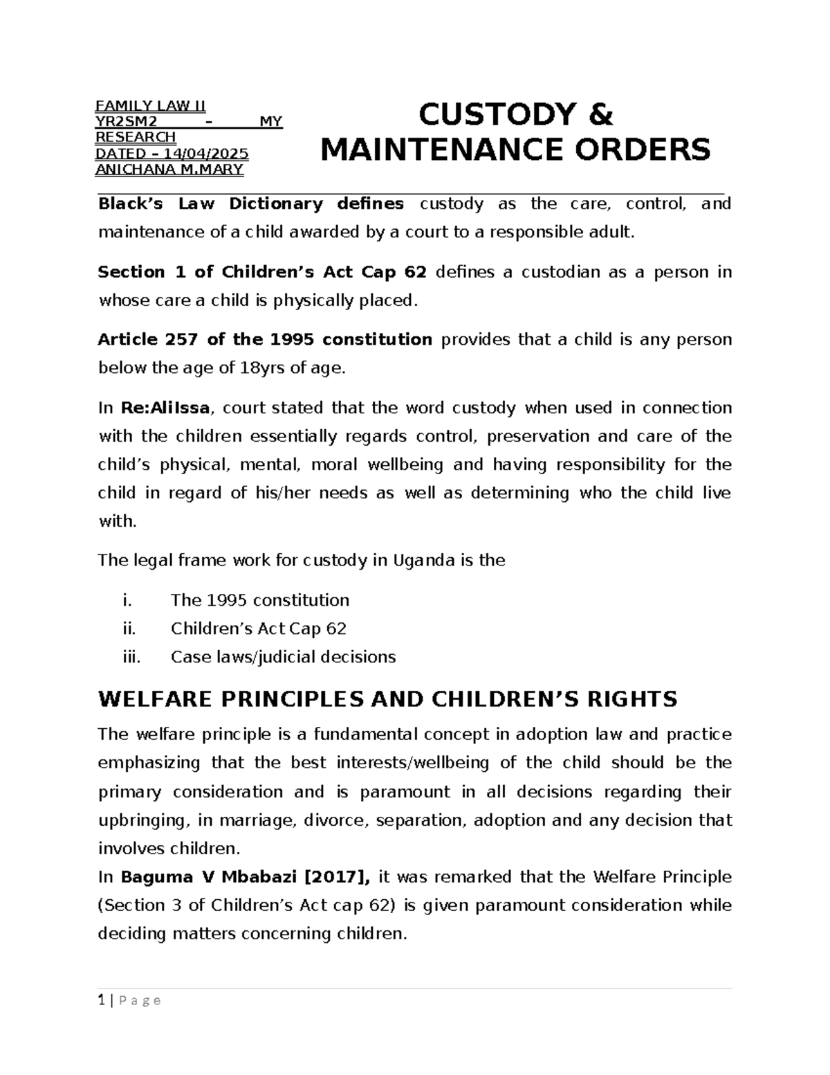 FAMILY LAW II YR2SM2 CUSTODY AND MAINTENANCE ORDERS RESEARCH - Studocu