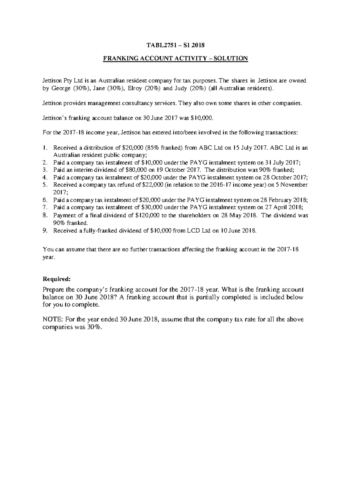 TABL2751 - S22018 - Franking Account Activity Solution - TABL2751 – S1 ...