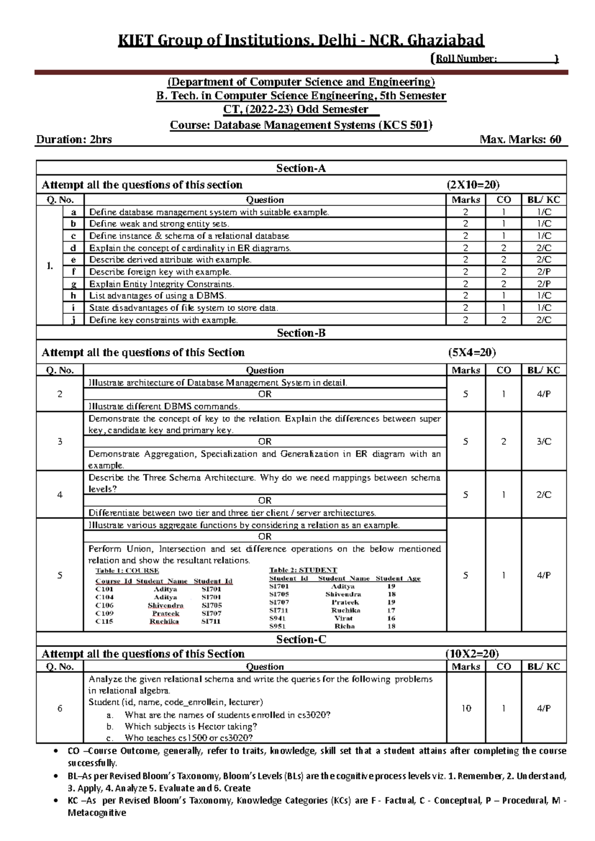 CT 22-23 Sample Paper: Database Management Systems (KCS 501) - Studocu