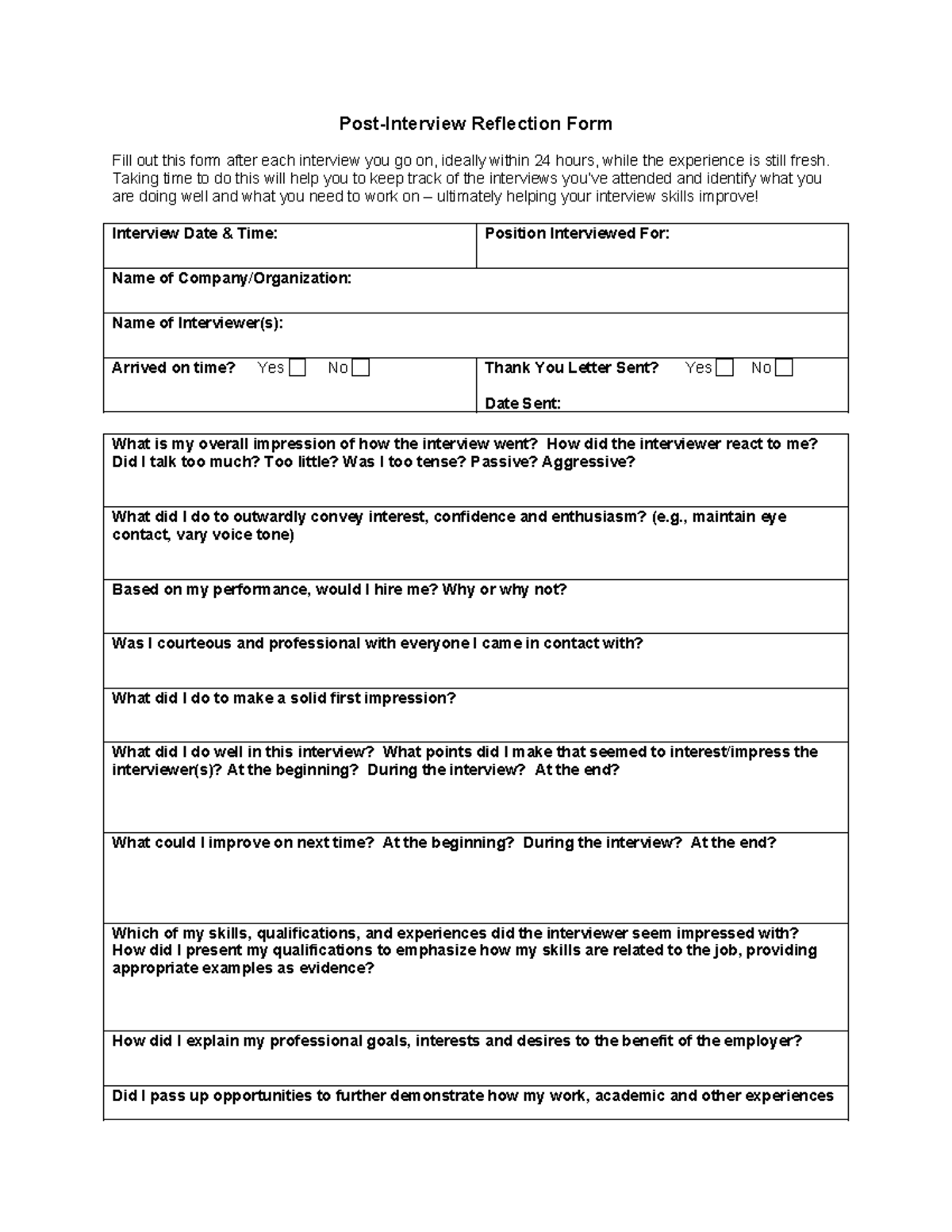 Post-Interview Reflection Form - Taking time to do this will help you ...