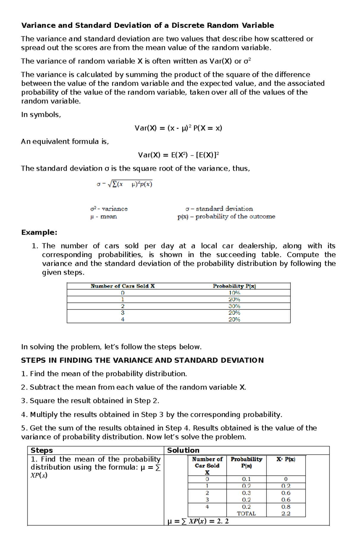 Variance and Standard Deviation of Discrete Random Variable Analysis ...