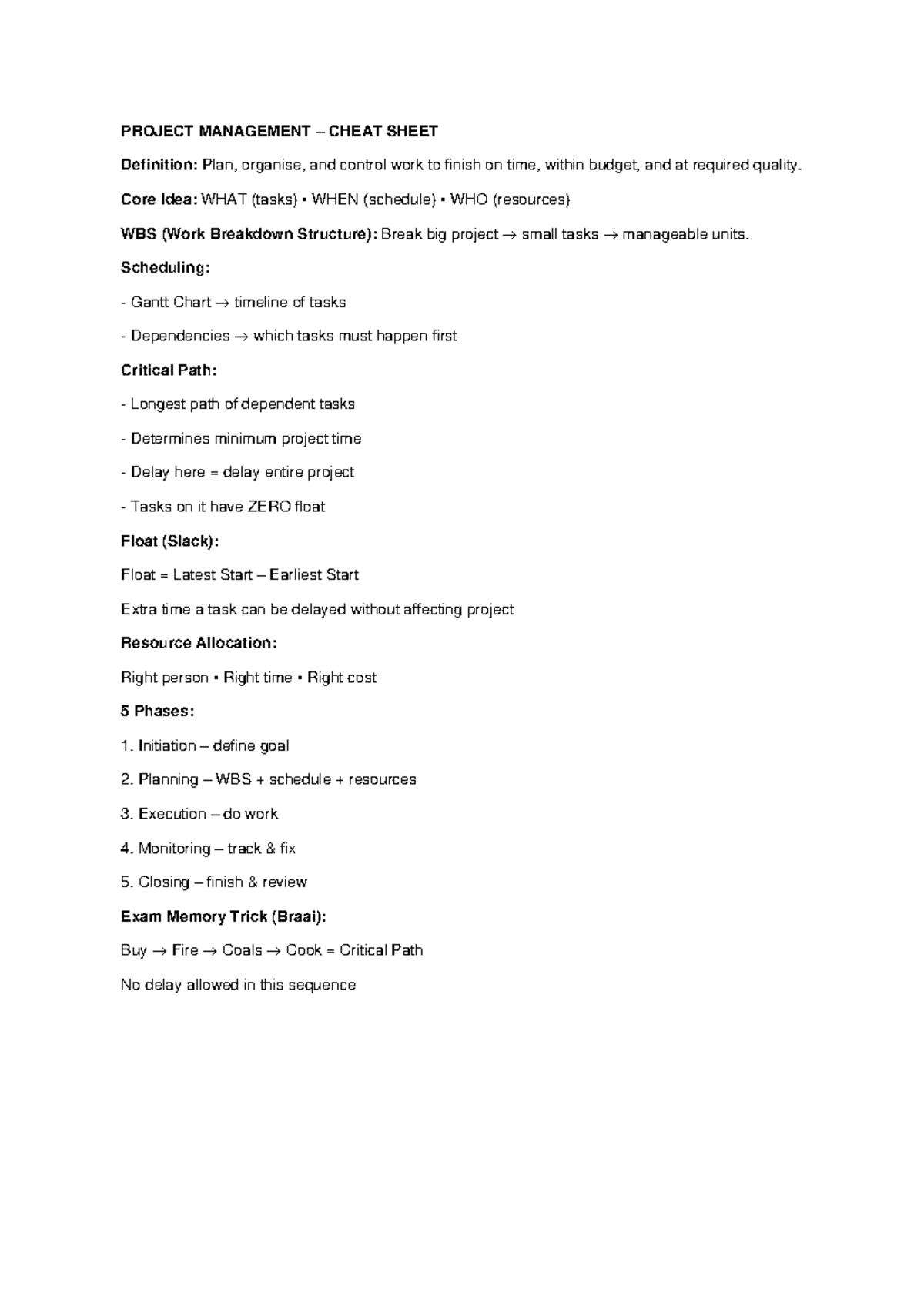PROJECT MANAGEMENT CHEAT SHEET: Key Concepts & Techniques - Studocu
