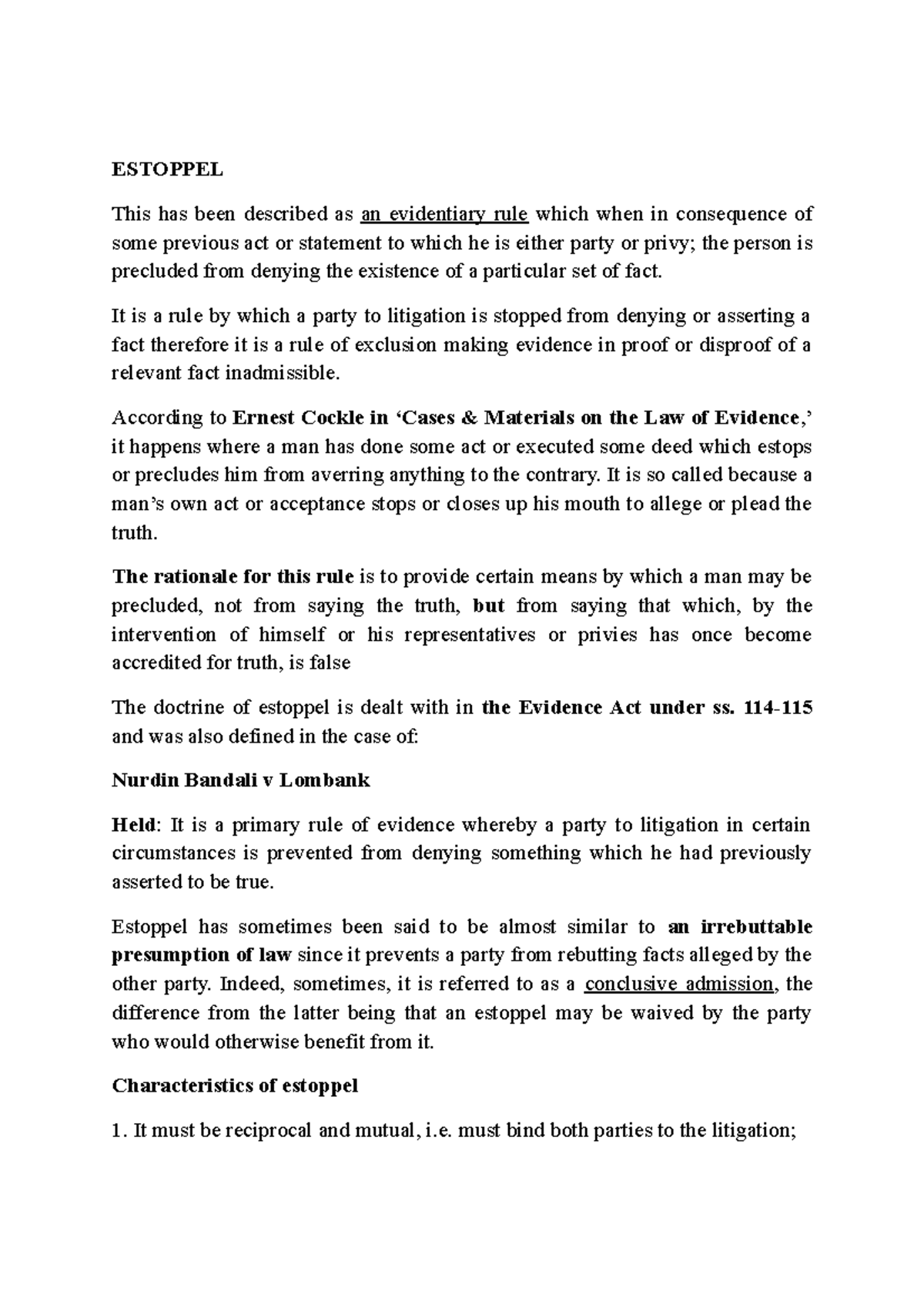 Estoppel in Evidence Law - Detailed Analysis and Case Studies - Studocu