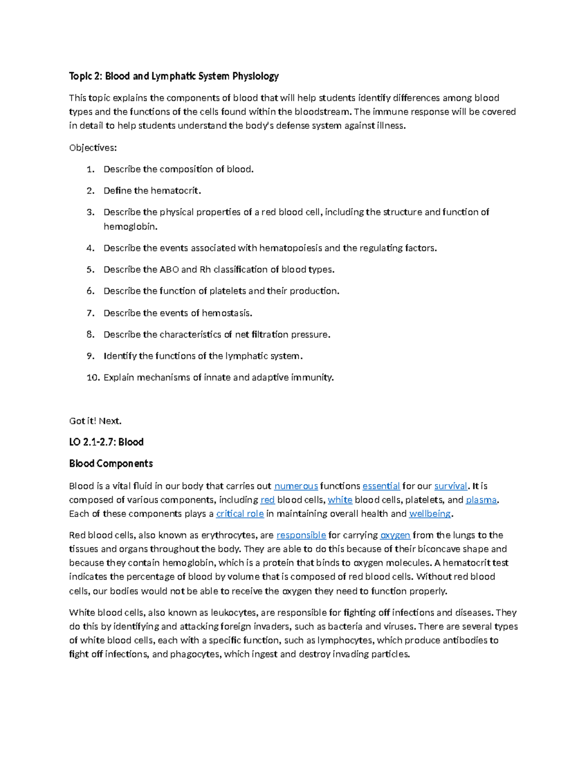 Cerego Week 2 Lecture Notes: Blood, Lymphatics & Immunity Overview ...