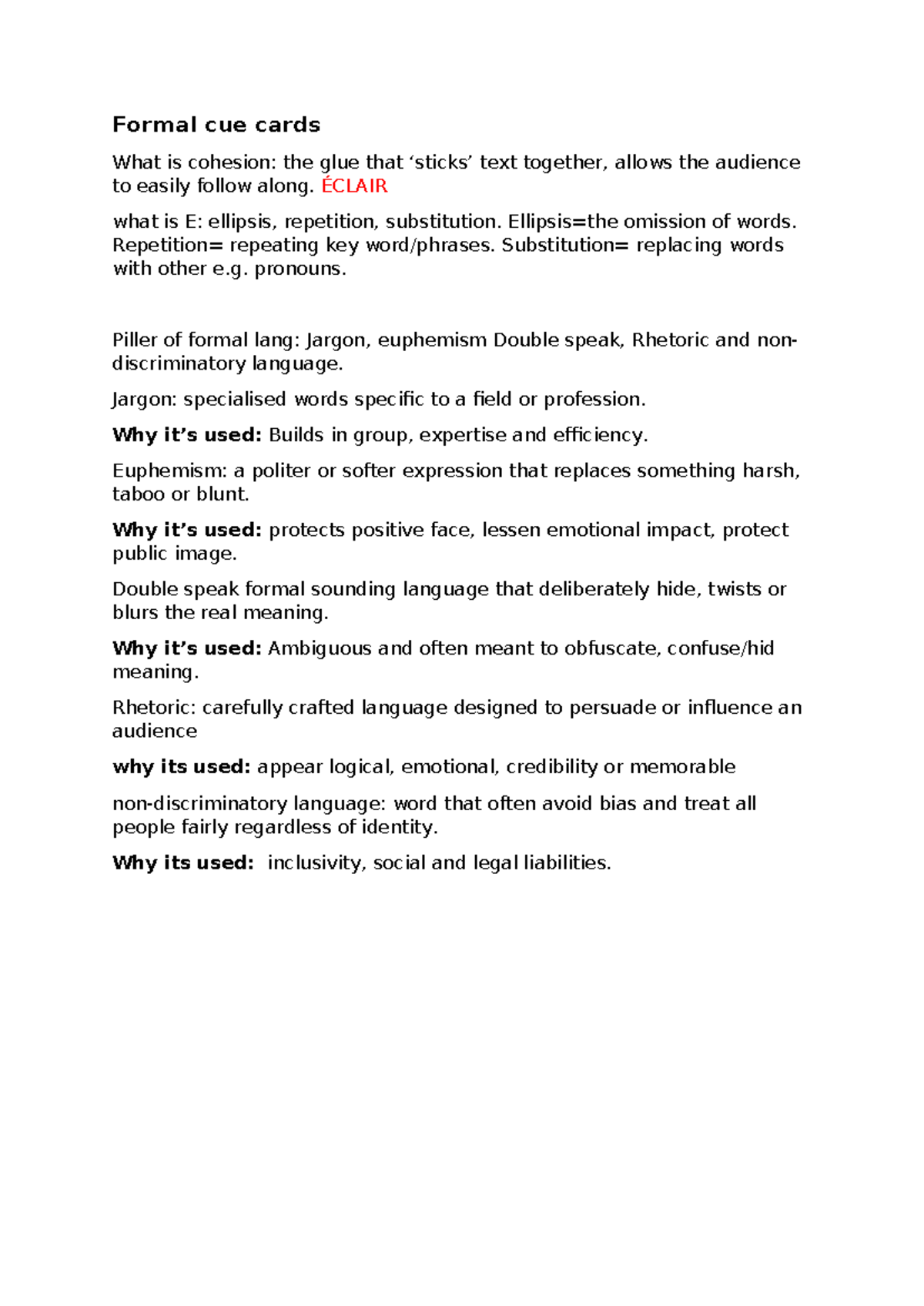 Formal Cue Cards: Understanding Cohesion and Rhetoric in Language - Studocu