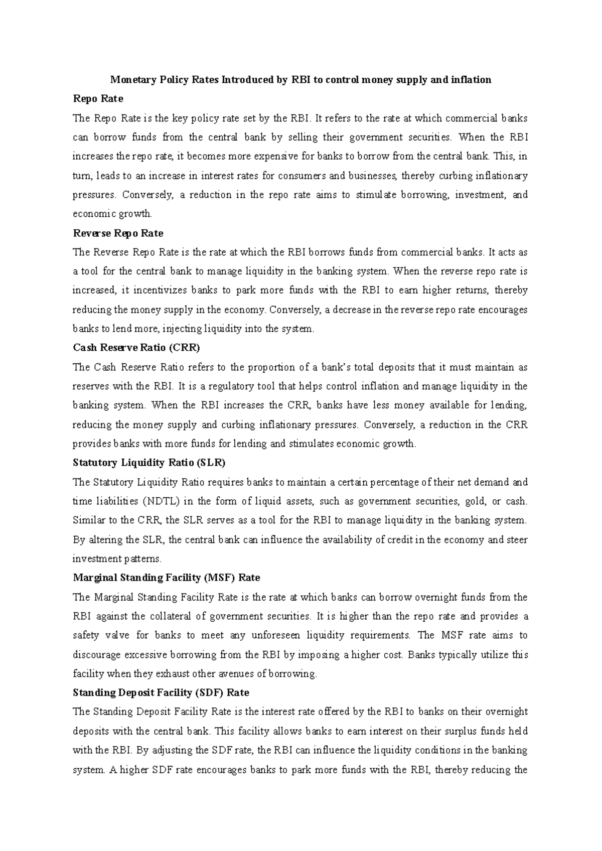 Notes on bank rates of RBI to control money supply - Monetary Policy ...