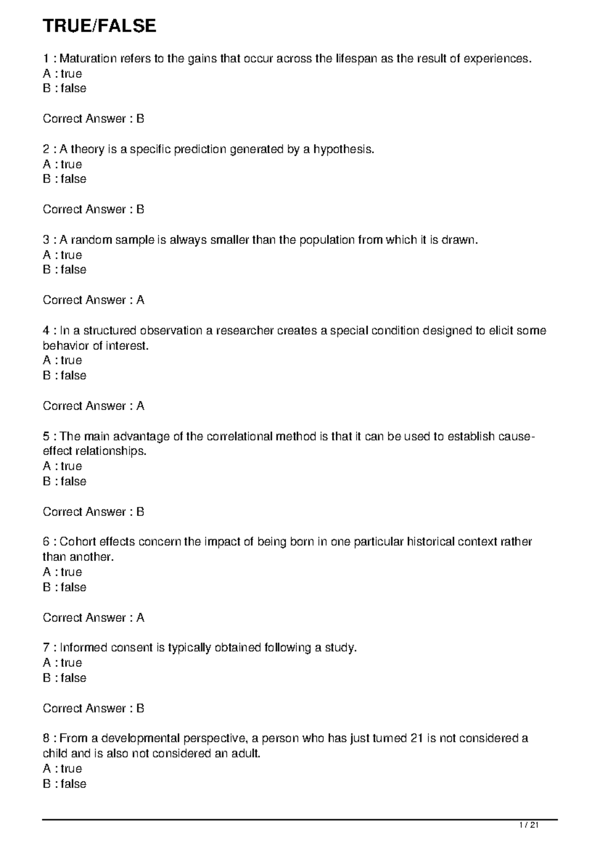 Chapter 01 Understanding Life Span Human Development True False 1