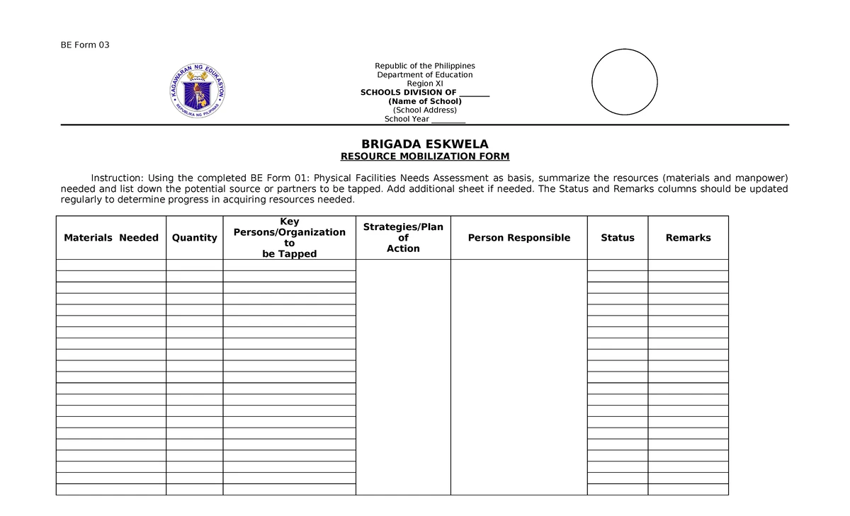 BE Form 01: Brigada Eskwela Physical Facilities Assessment Form - Studocu