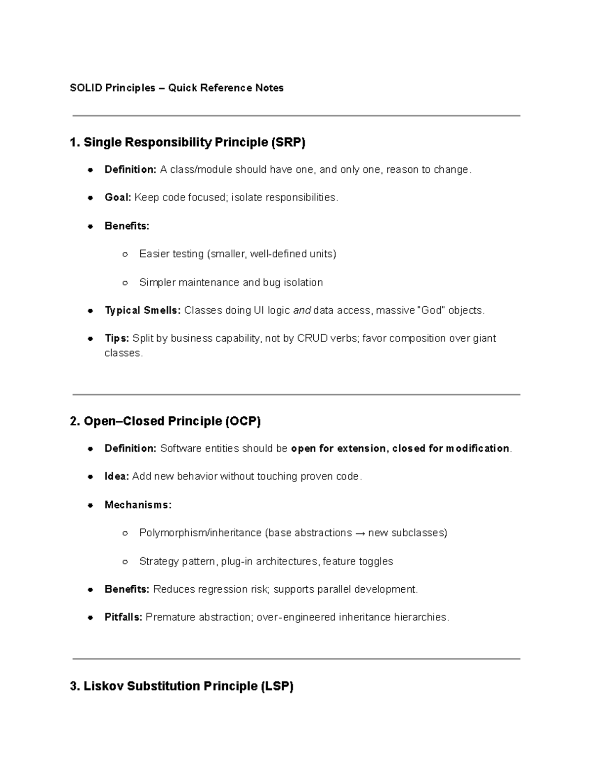 SOLID Principles Quick Reference Notes: SRP, OCP, LSP Explained - Studocu