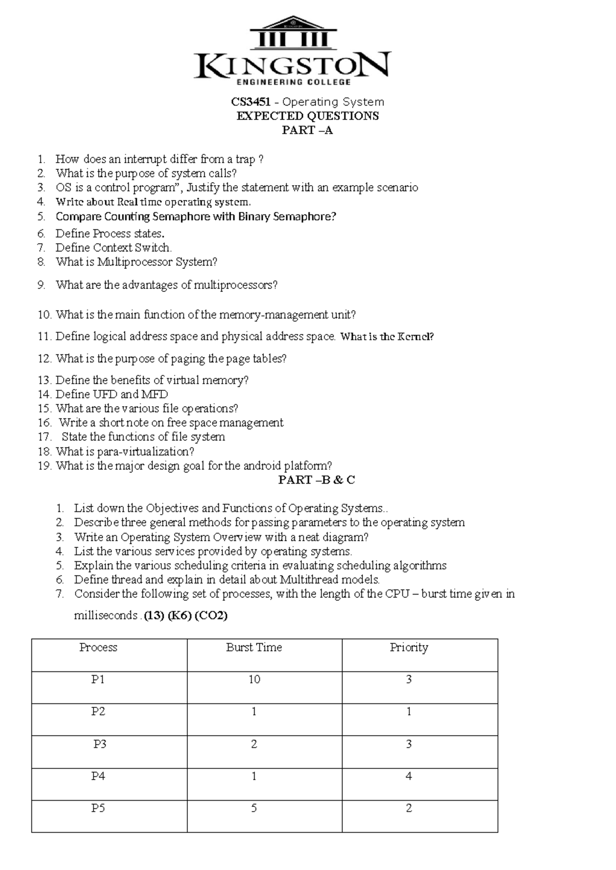 CS3451 Operating System Expected Questions for Model Exam Part 1-3 ...
