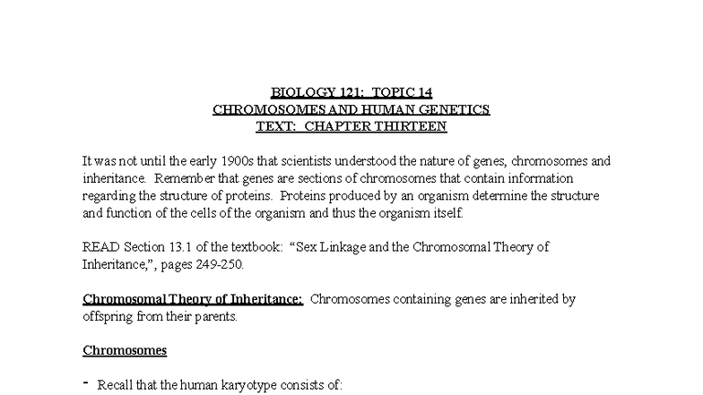 Biology 121: Chromosomes & Human Genetics - Chapter 13 Summary - Studocu