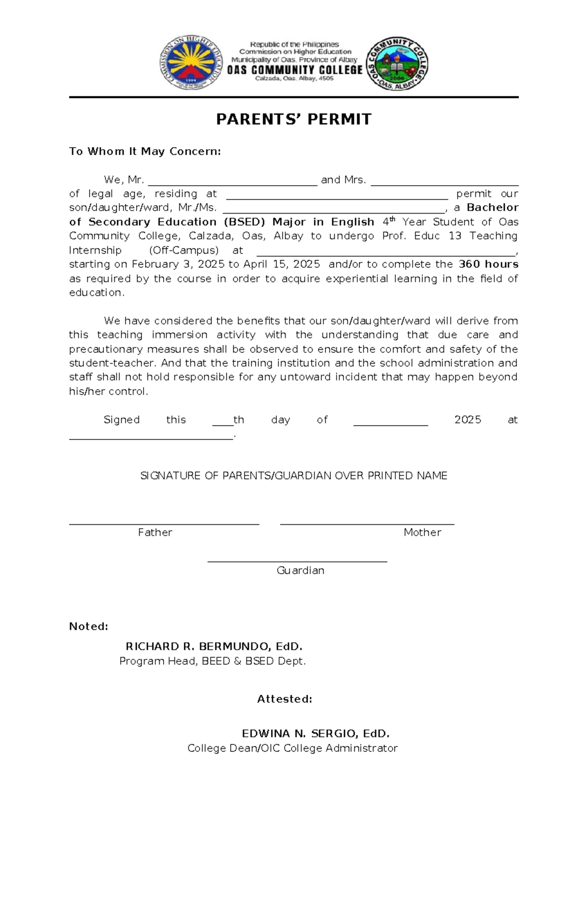 Parents- Permit-BSED-ENG - PARENTS’ PERMIT To Whom It May Concern: We ...