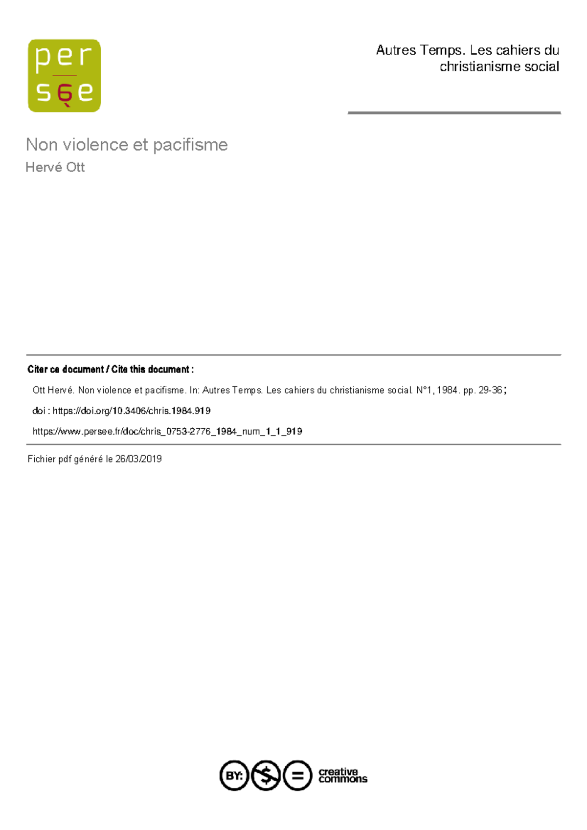 Non-violence et Pacifisme : Réflexions sur le Christianisme Social ...