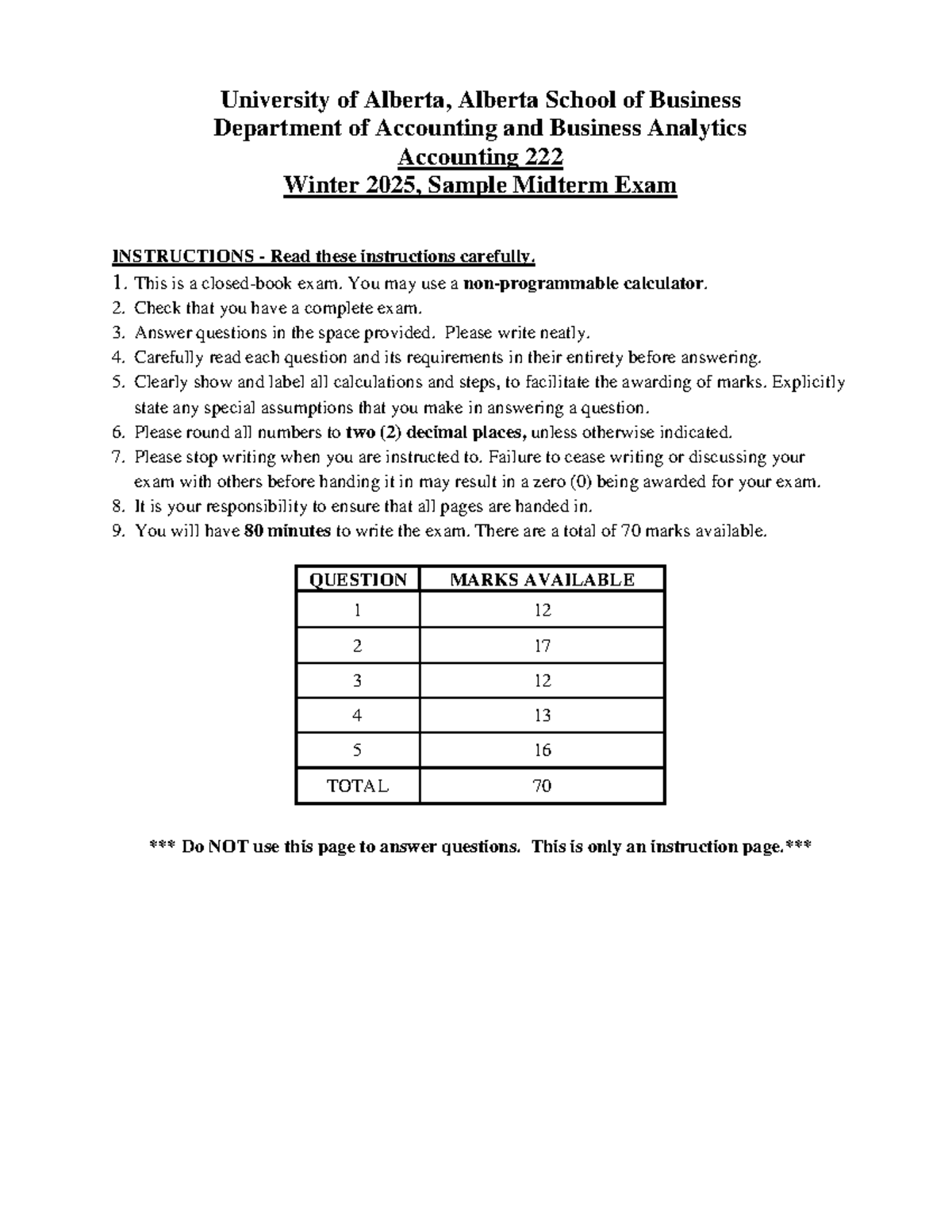 ACCTG 222 Winter 2026 Sample Midterm Exam Instructions and Questions ...