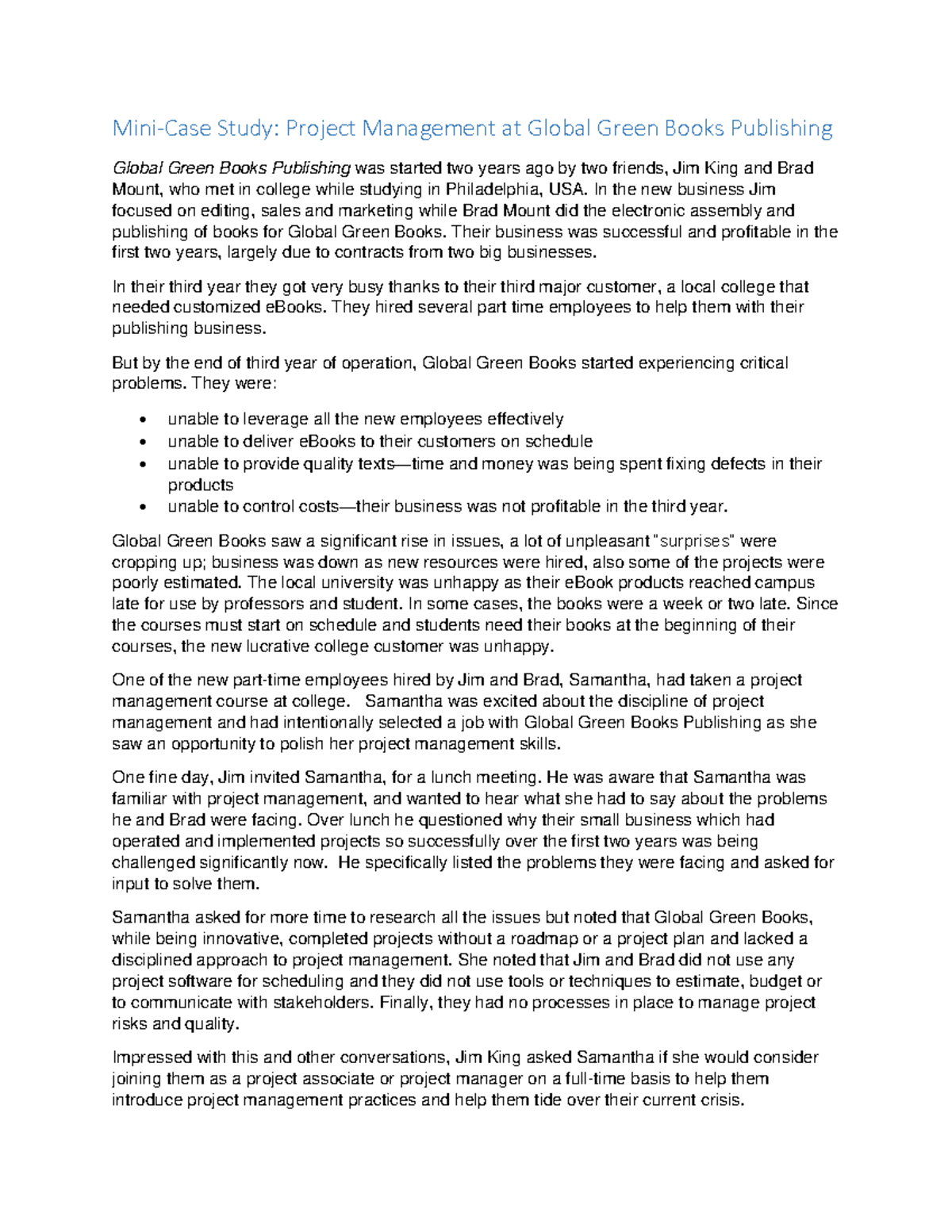 Case Study 1: Project Management Challenges at Global Green Books - Studocu