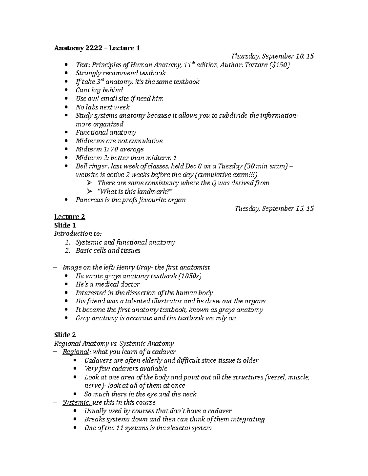 Lecture Notes: Midterm Review for Anatomy (Course Code: ANAT 101) - Studocu