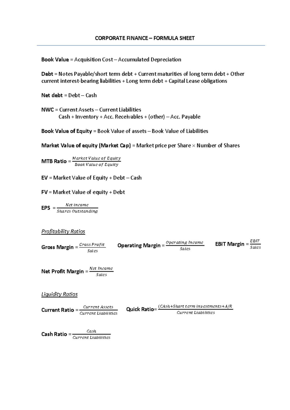 Corporate Finance Formula Sheet - Key Concepts and Ratios - Studocu
