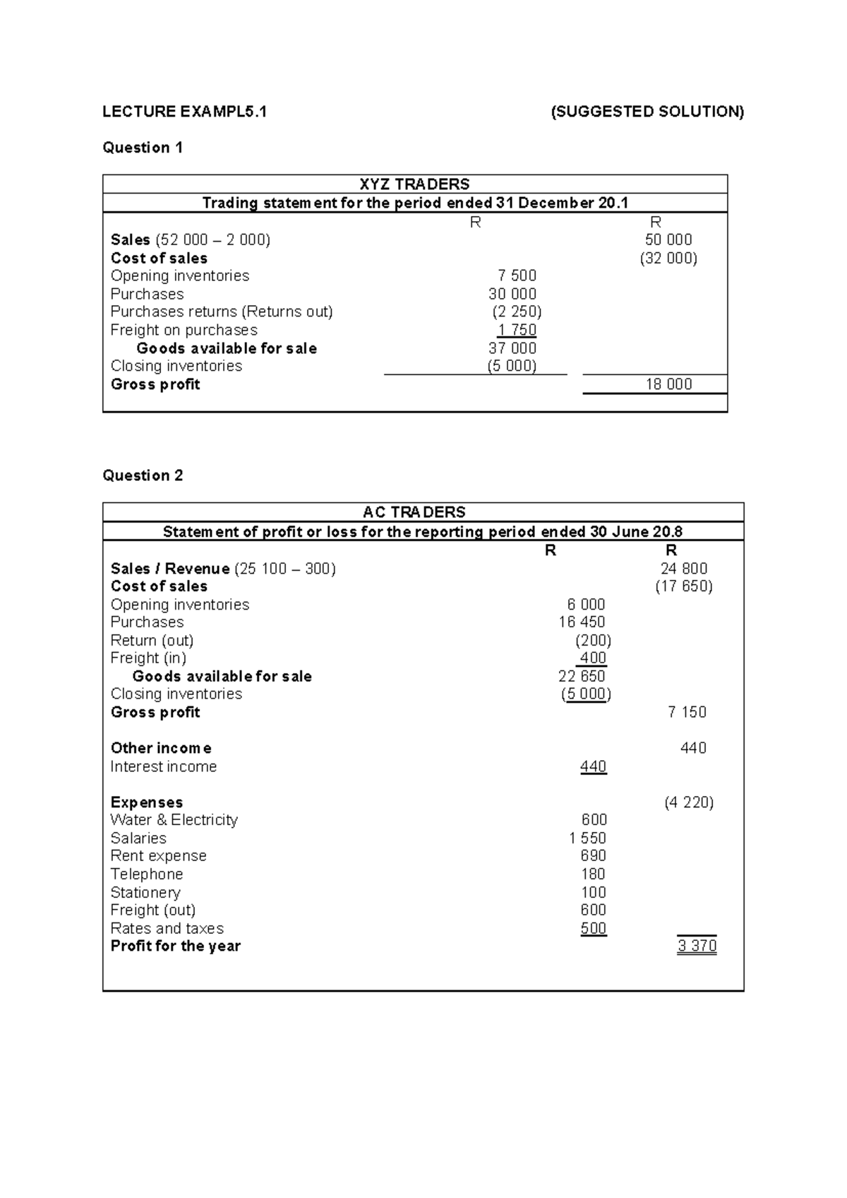 ACC A LE 5.1 Lecture Suggested Solutions for Trading Statements - Studocu