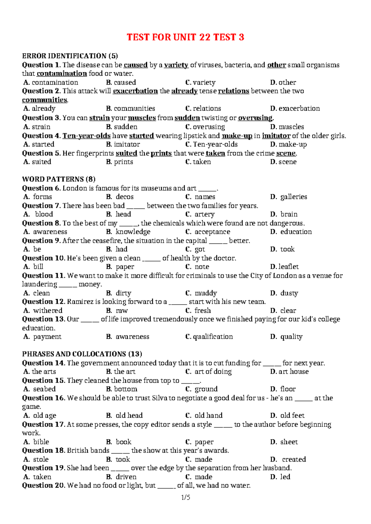 TEST FOR UNIT 22 - ERROR IDENTIFICATION & VOCABULARY EXERCISES - Studocu