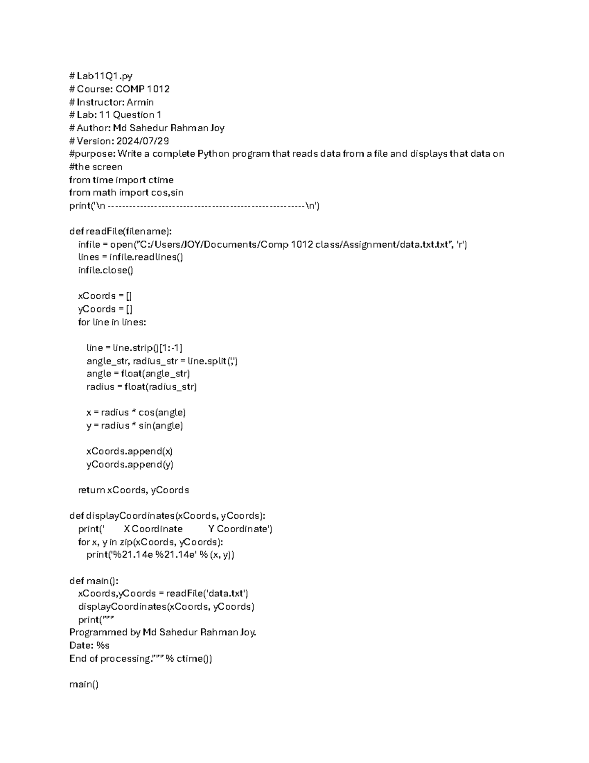 Lab11 - LAB 11 - Lab11Q1 Course: COMP 1012 Instructor: Armin Lab: 11 ...