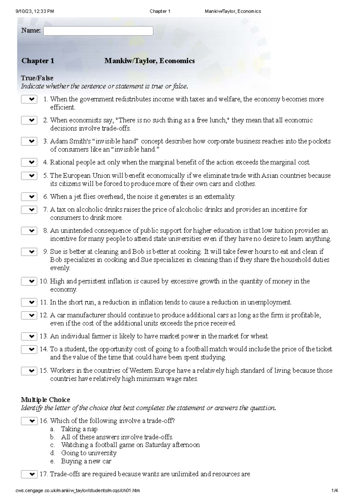 ECON 101: Chapter 1 Principles of Economics True/False & MC Questions ...