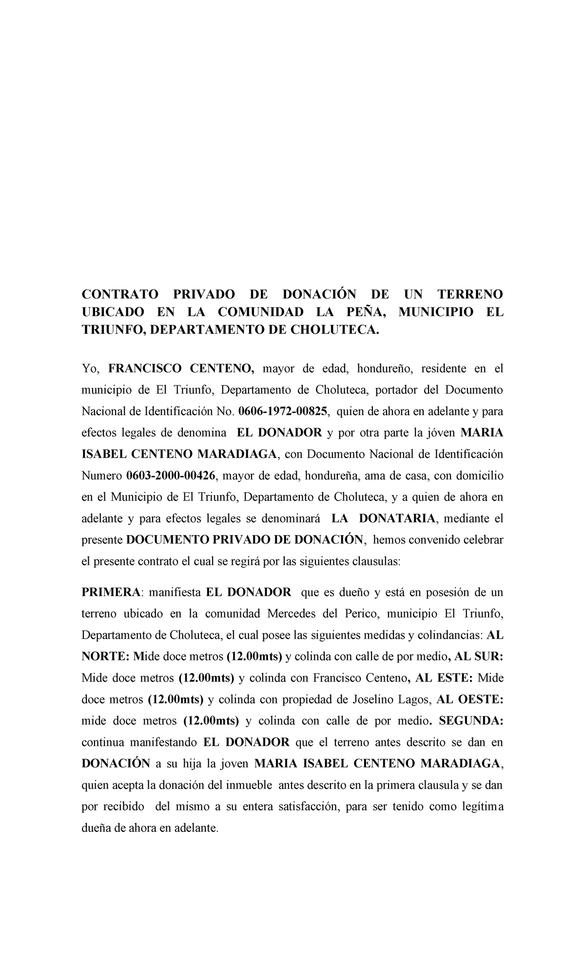 Contrato Privado de Donación de Terreno en El Triunfo, Choluteca - Studocu