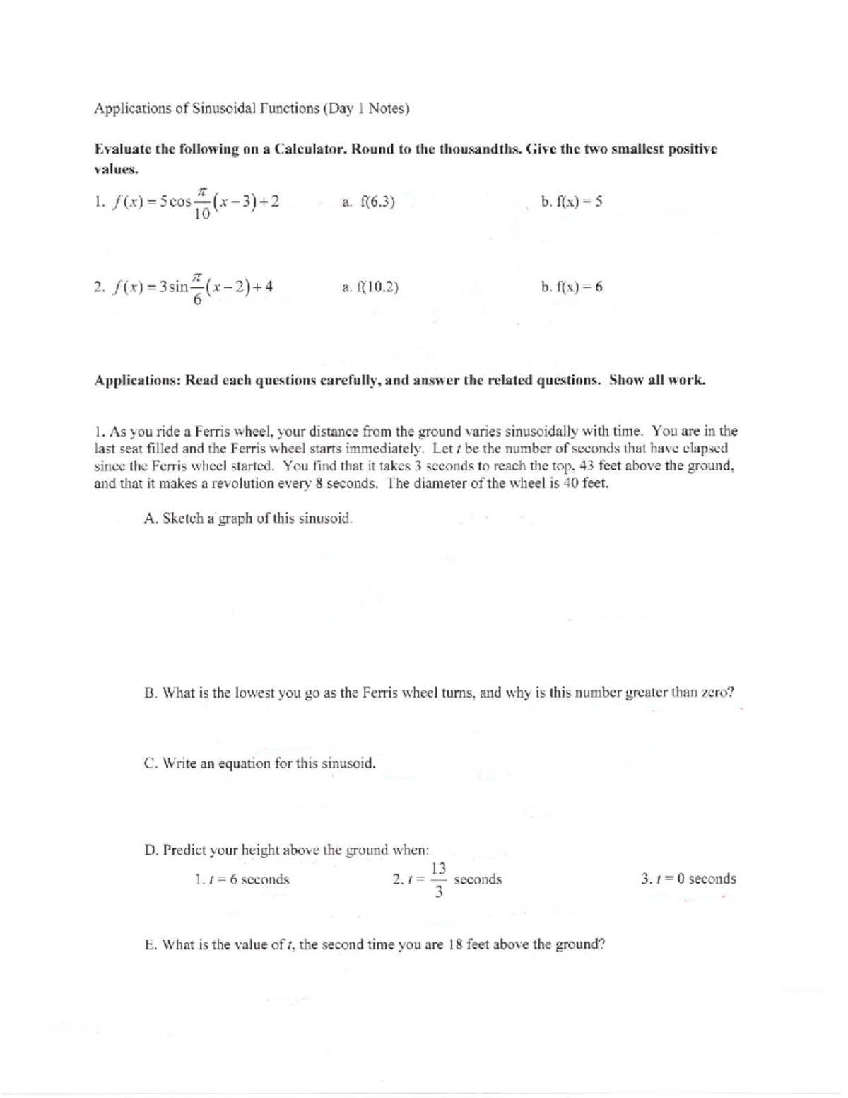 Applications of Sinusoidal Functions (Math 101 - Day 1 Notes) - Studocu