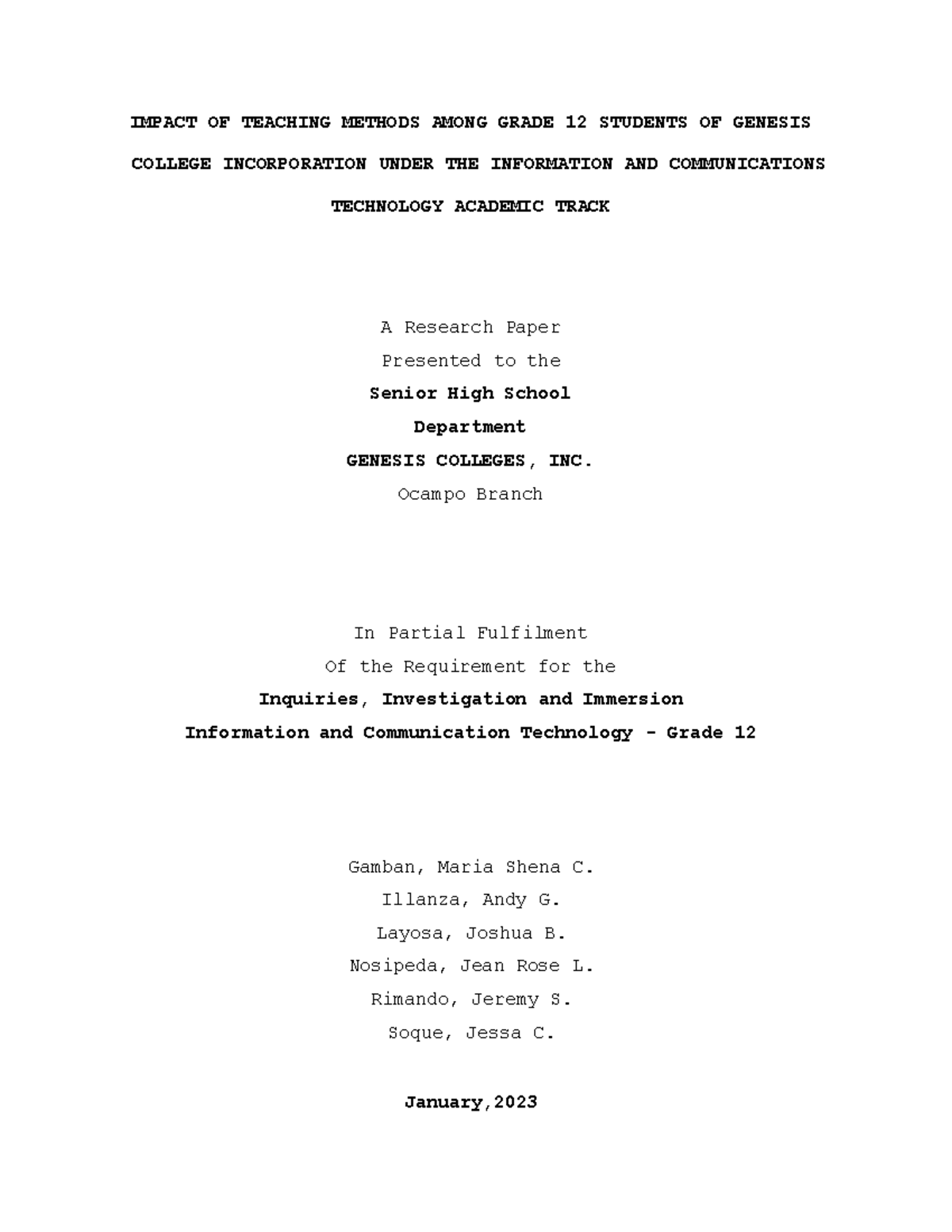 Impact of Teaching Methods on Grade 12 ICT Students at Genesis College ...