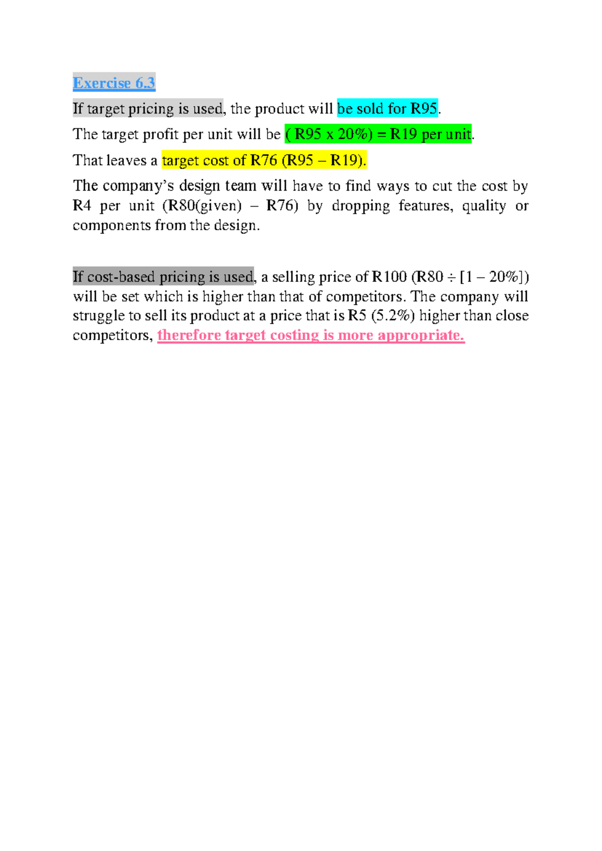 Exercise 6 - Cost Pricing Techniques and Target Cost Analysis - Studocu