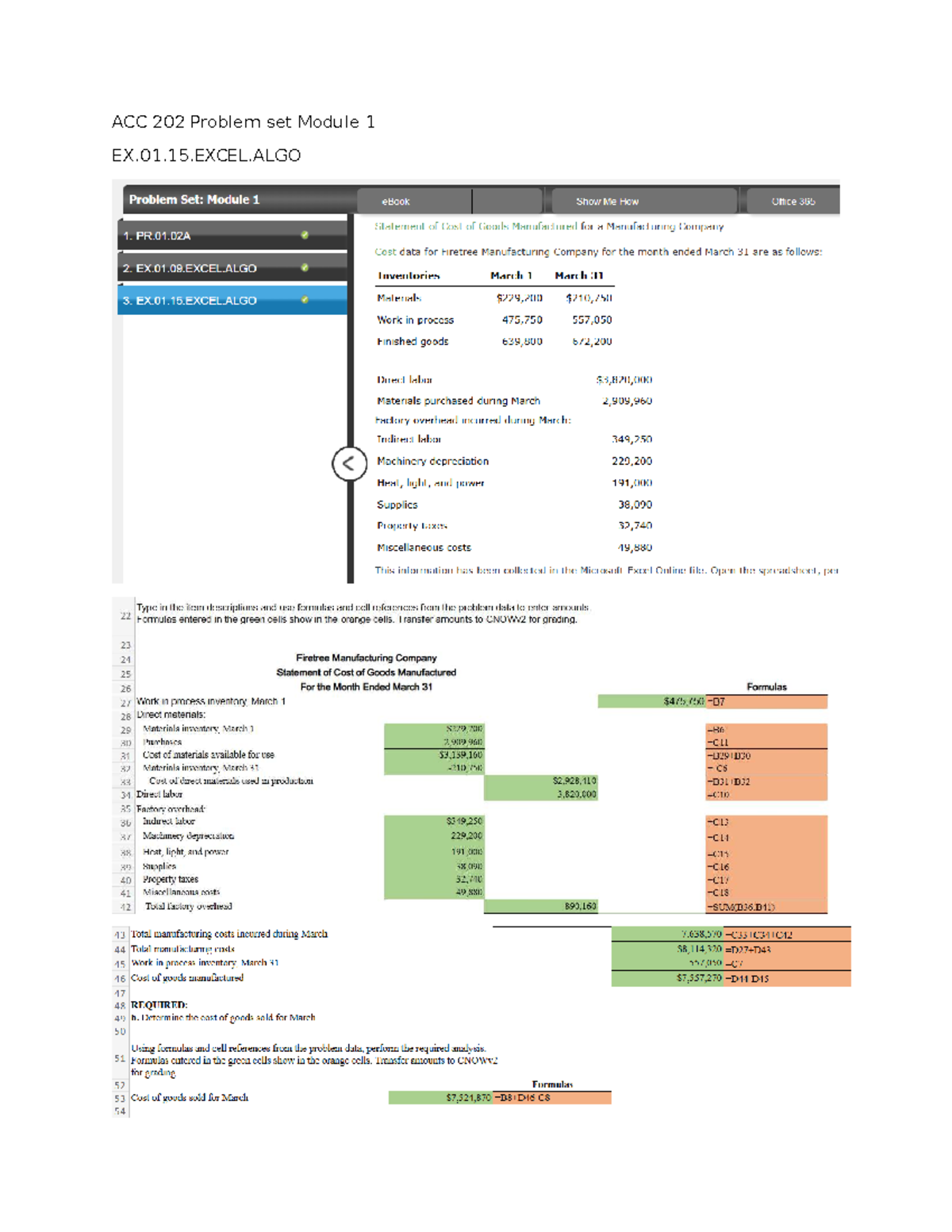 ACC 202 EX.01.15 Excel Problem Set: Cost of Goods Manufactured Analysis ...