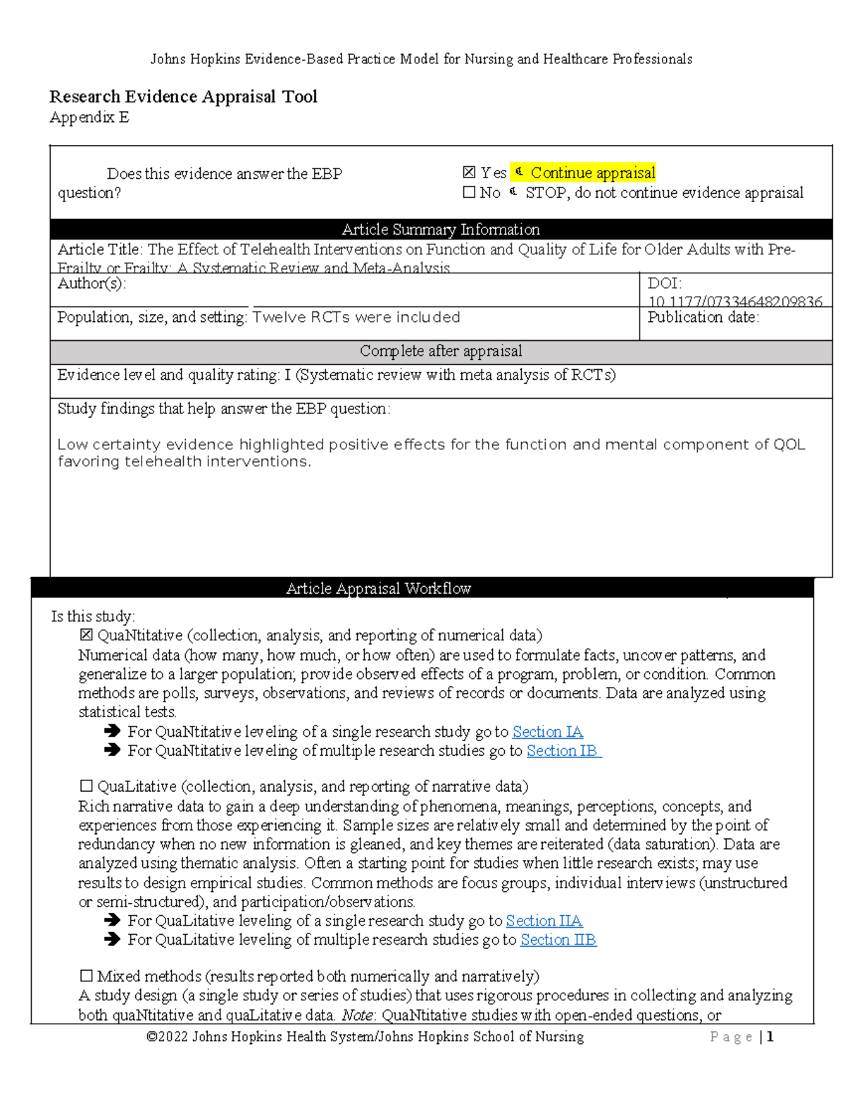 Appendix E: Research Evidence Appraisal Tool Overview - Studocu