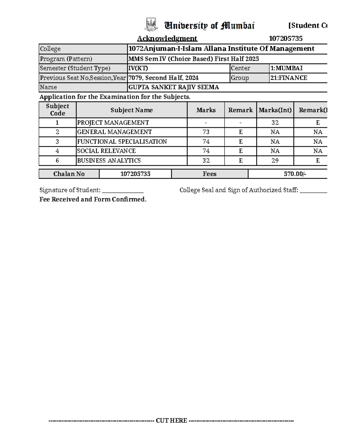 MMS Sem IV exam form acknowledgment for Allana Institute 2025 - Studocu