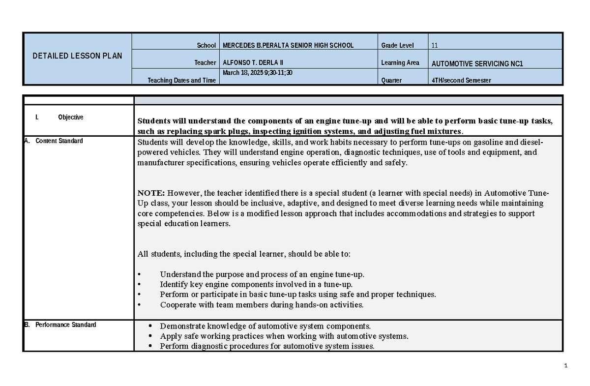 Automotive Servicing NC1 Lesson Plan: Engine Components & Maintenance ...