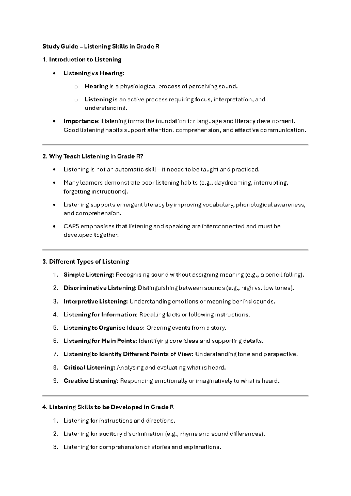 Study Guide: Listening Skills Development in Grade R (CAPS) - Studocu