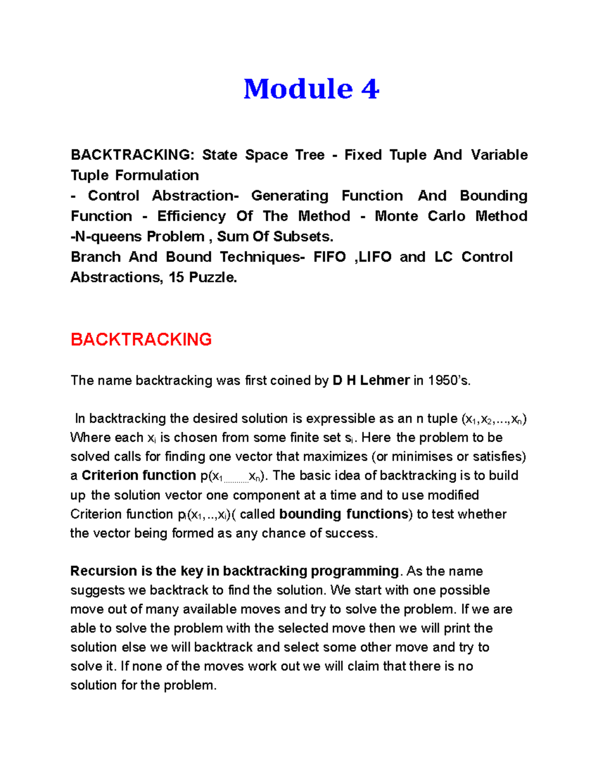 Module 4 - Module 4 BACKTRACKING: State Space Tree - Fixed Tuple And ...