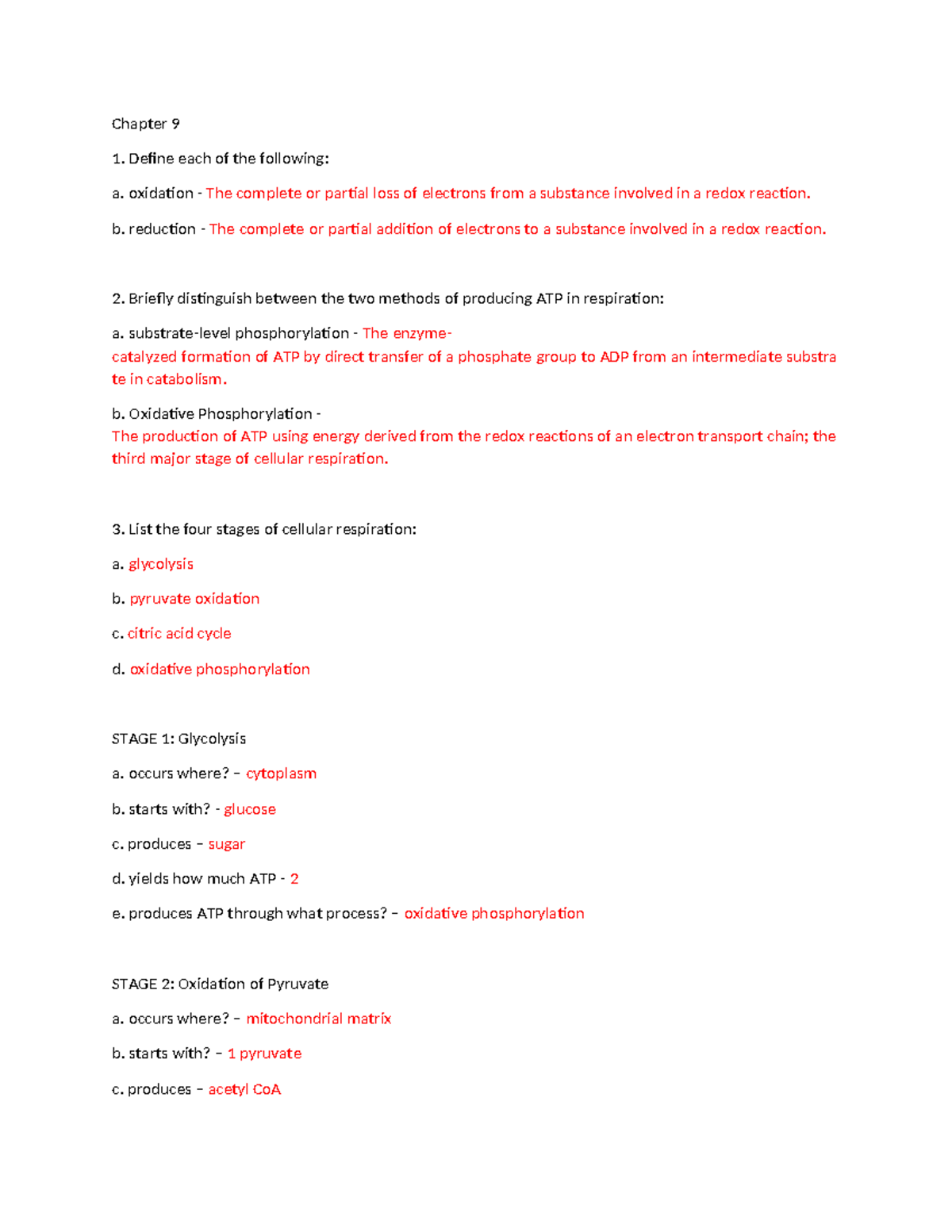Chapter 9 Study Guide: Respiration Overview and Key Concepts - Studocu