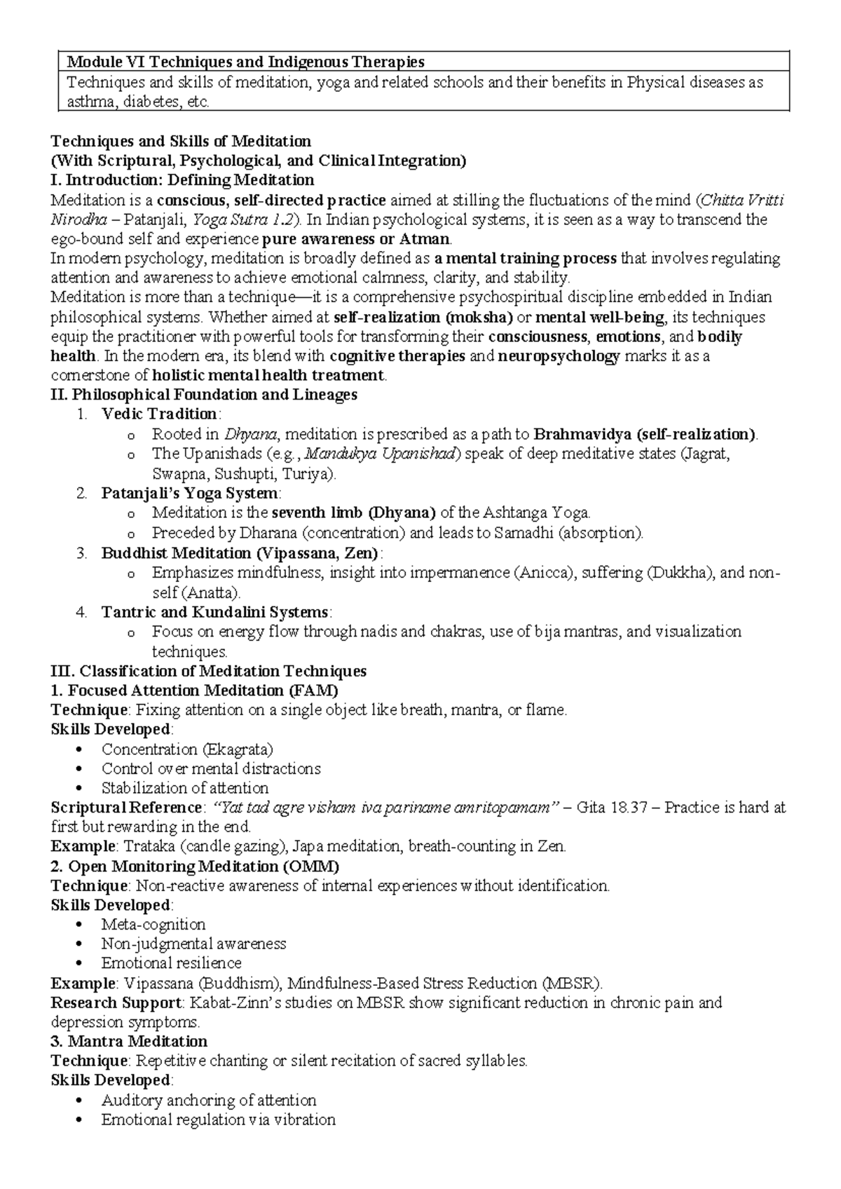 Module VI - Techniques & Indigenous Therapies in Meditation and Health ...