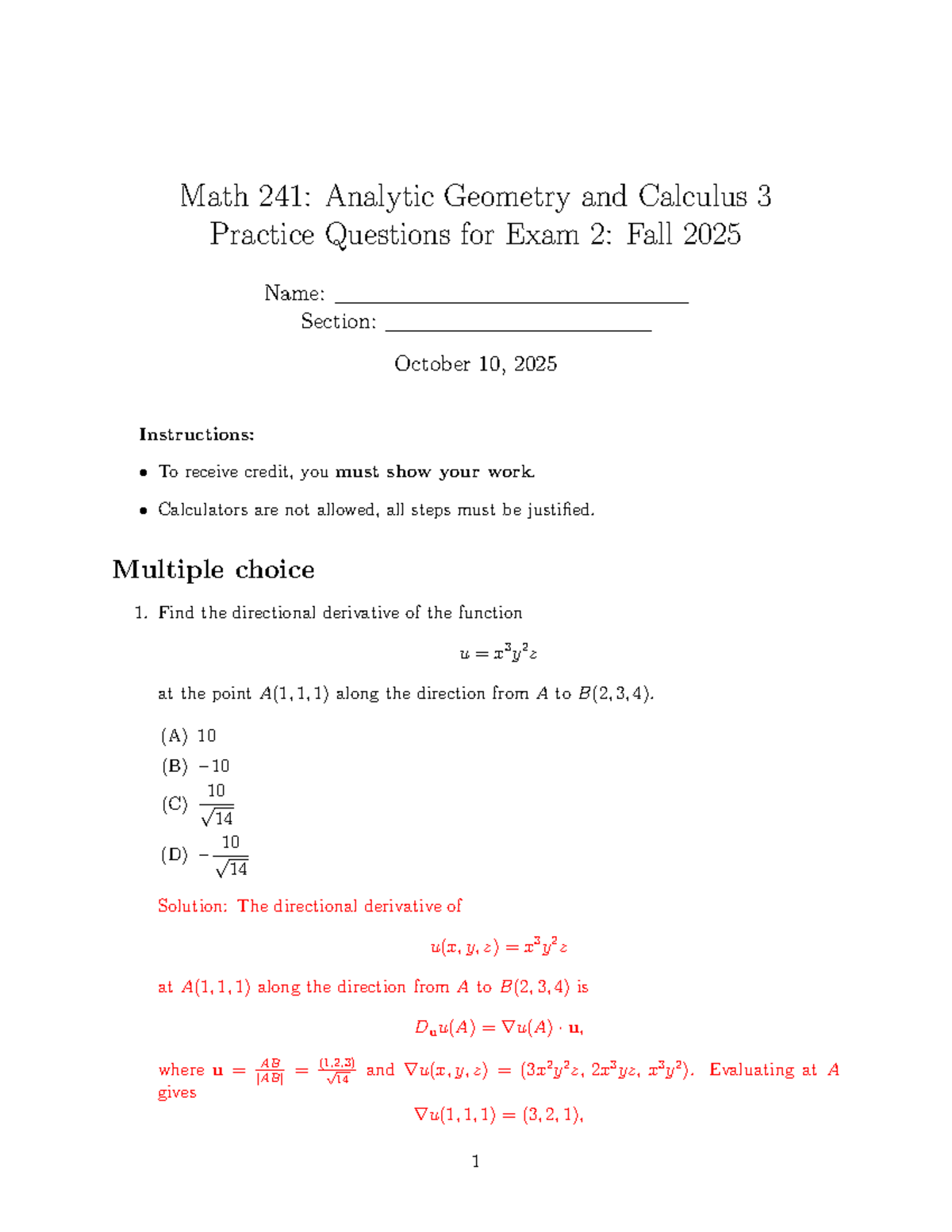 Math 241: Practice Questions for Exam 2 - Fall 2025 - Studocu