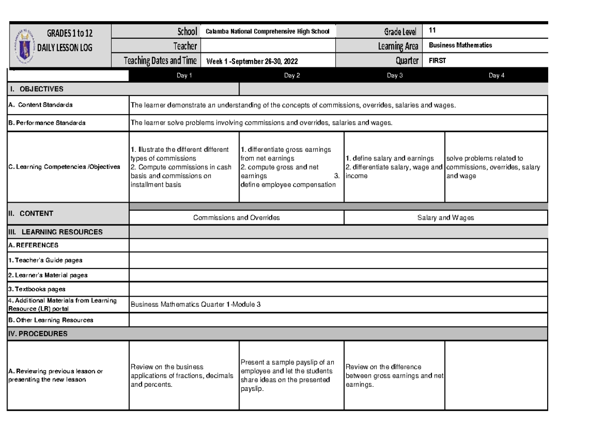 DLL Bmath 11 - Daily Lesson Log for Business Math, Week 1 Overview ...
